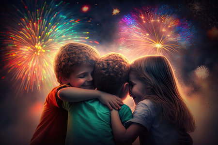 hugging happiness kids student group while fireworks coloring the sky. Glorious Generative AI.の素材