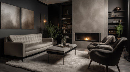 Interior design of Living Room in Contemporary style with Fireplace decorated with Leather, Velvet material. Modern, Minimalist architecture. Generative AI AIG24.の素材