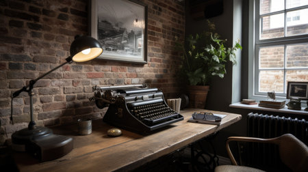 Interior design of Home Office in Industrial style with Desk decorated with Exposed Brick, Metal material. Contemporary architecture. Generative AI AIG24.の素材