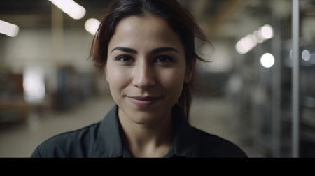 A smiling Hispanic female electronic factory worker standing in factory. Generative AI AIG19.の素材