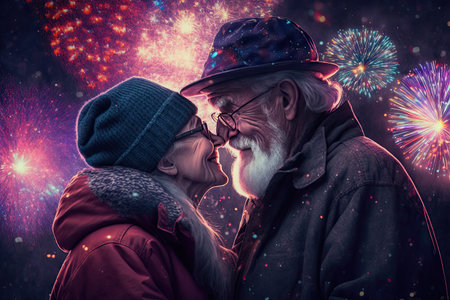 hugging happiness senior couple while fireworks coloring the sky. Glorious Generative AI.の素材