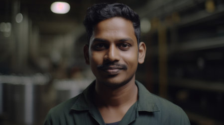 A smiling Indian male electronic factory worker standing in factory. Generative AI AIG19.の素材