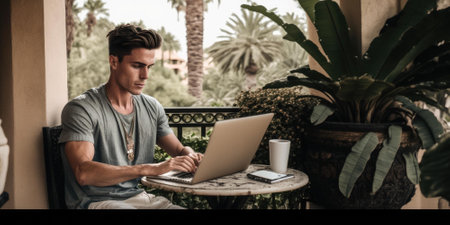 Business person using laptop computer in luxury hotel lobby candid view. superlative generative AI image.の素材