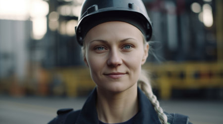 A smiling Swedish female factory worker standing in oil refinery plant. Generative AI AIG19.の素材