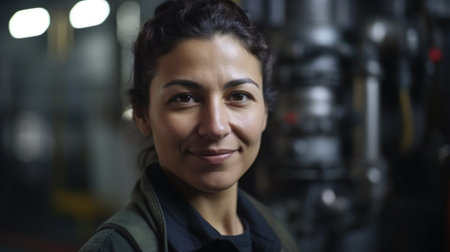 A smiling Hispanic female factory worker standing in oil refinery plant. Generative AI AIG19.の素材