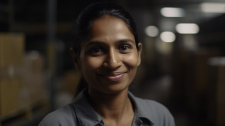 A smiling Indian female factory worker standing in warehouse. Generative AI AIG19.の素材
