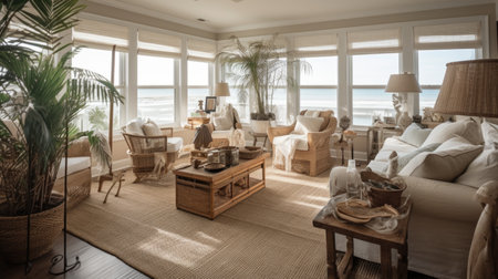 Interior design of Living Room in Coastal style with Large windows with ocean view decorated with Woven rattan chairs, jute rug material. Coastal architecture. Generative AI AIG24.の素材