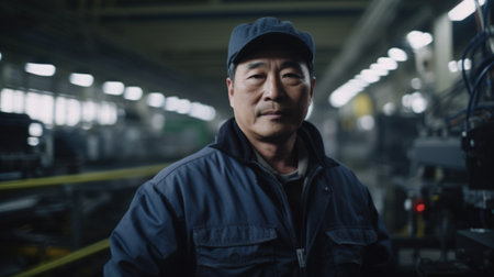A smiling senior Chinese male electronic factory worker standing in factory. Generative AI AIG19.の素材