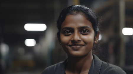 A smiling Indian female factory worker standing in metal sheet factory. Generative AI AIG19.の素材