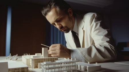 A mature man architect with determined face working with building model in creative office. Generative AI AIG21.の素材