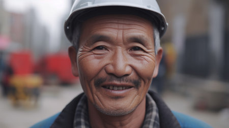 A smiling senior Chinese male construction worker standing in construction site. Generative AI AIG19.の素材