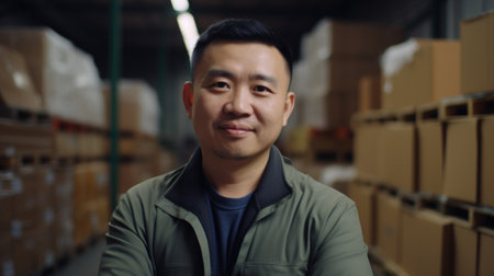 A smiling Chinese male factory worker standing in warehouse. Generative AI AIG19.の素材