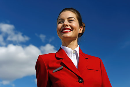 Happy young air hostess in a red suit against a blue sky, looking at the camera. Generative AI AIG21.の素材