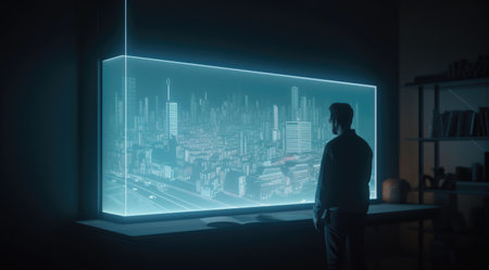 A man looking at blue hologram screen showing the city plan with the light teal and light black. Generative AI AIG21.の素材