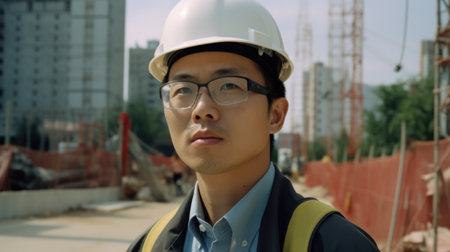 30s male asian Civil Engineer with determined face at construction site. Generative AI AIG21.の素材