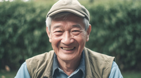 Smiling scandinavian senior man sitting in the garden looking at the camera smiling. Generative AI AIG20.の素材