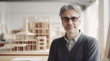 A male architect holding building model in office. Generative AI AIG21.の素材