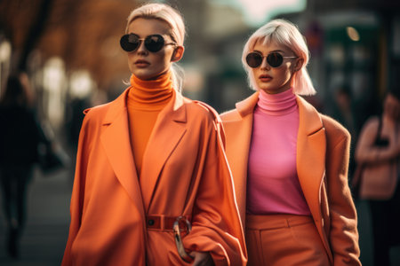 Two women walking in the city street with colorful outfit. generative AI AIG21.の素材