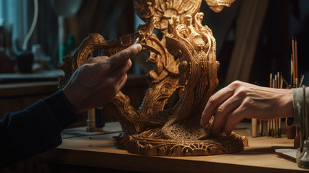 The man working on a wooden mans hand with an octopus. Generative AI AIG21.の素材