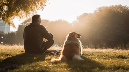 Young man with dog sitting in park, sunlight. Generative AI AIG20.の素材