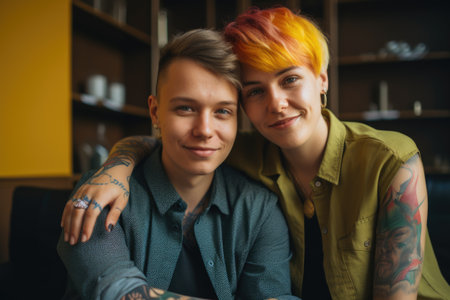 Happy young couple with tattoos and vivid colors short hair in an office. Generative AI AIG21.の素材