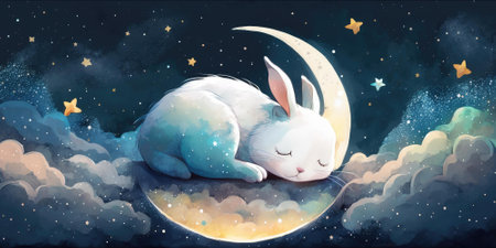 A cute and adorable bunny is sleeping under night sky between stars pillow. Generative AI AIG16.の素材