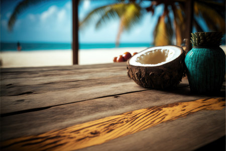 Focus empty wood table with blurred of coconut and palm tree background. Concept of blank space for advertising product with sunrise view. Finest generative AI.の素材