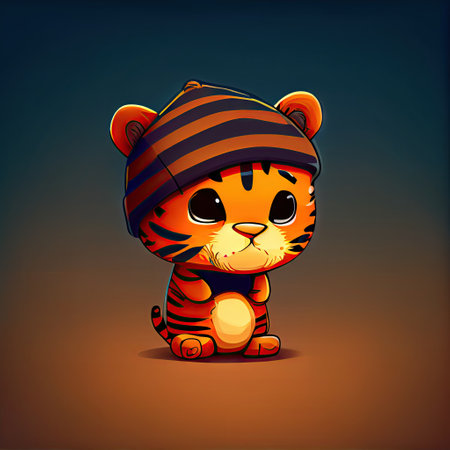 Cute tiger comic wearing a beanie with sweater and hut. Concept of wildlife profile with isolated background. Designed by hip hop costume. Glorious generative AI.の素材