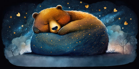 A cute and adorable bear is sleeping under night sky between stars pillow. Generative AI AIG16.の素材