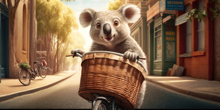 koala have fun bicycle ride on sunshine day in summer on town streetの素材