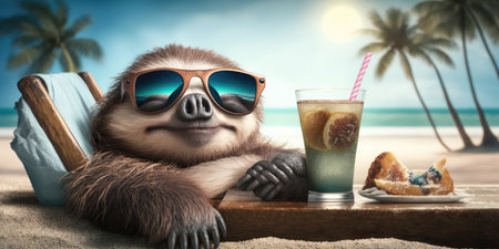 sloth is on summer vacation at seaside resort and relaxing on summer beachの素材