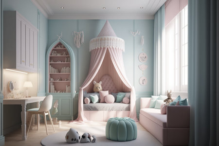 interior of playroom for children at home painted in pastel colors. distinct generative AI image.の素材