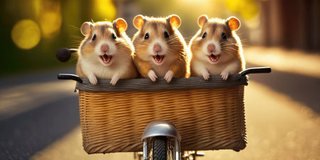hamsters have fun bicycle ride on sunshine day in summer on town streetの素材