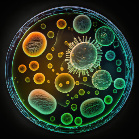 Close up of bacteria and virus cells in science laboratory sample dish for serumの素材
