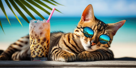 Cat is on summer vacation at seaside resort and relaxing rest on summer beach of Hawaii. distinct generative AI image.の素材