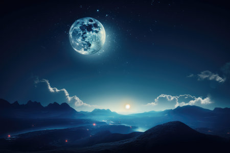 Beautiful celestial sky in dreamy fantasy with bright star in the sky over nature landscapeの素材