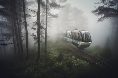 Scenic long exposure photo of futuristic train running through mountain. distinct generative AI image.の素材