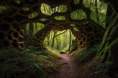 The hidden hexagon tunnel of the mysterious forest. distinct generative AI image.の素材