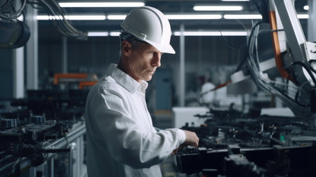 40s engineer, wearing safety uniform, standing in blur background of smart factory with robotic arms. Generative AI AIG20.の素材