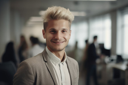Young smart swedish businessman, smiling face, standing in blur background of busy office. Generative AI AIG20.の素材
