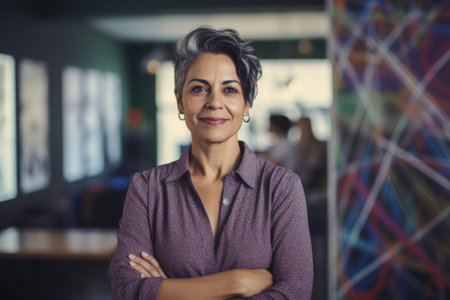 Mature smart hispanic businesswoman, smiling face, standing in blur background of creative colorful office interior design. Generative AI AIG20.の素材