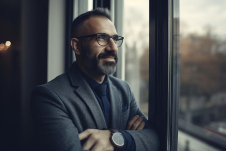 A smiling mature man with arms folded in suit near a window in an office. Generative AI AIG21.の素材
