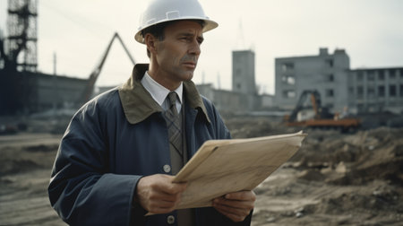 30s male caucasian Civil Engineer with determined face at construction site. Generative AI AIG21.の素材