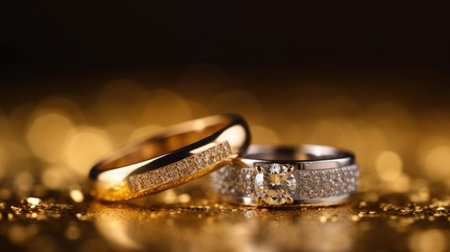 Closeup shot of two diamond rings on a golden surface. Generative AI AIG21.の素材
