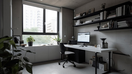 Interior design of Home Office in Minimalist style with Desk decorated with Concrete Floor, Plant material. Modern architecture. Generative AI AIG24.の素材