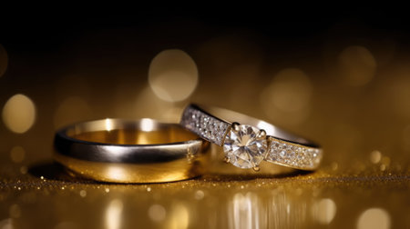 Closeup shot of two diamond rings on a golden surface. Generative AI AIG21.の素材