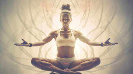 Young woman in advanced yoga pose, double exposure, energy ripple in the body, heroic. Generative AI AIG20.の素材