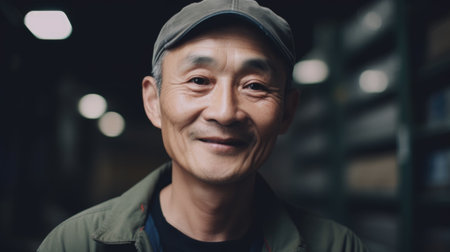 A smiling senior Chinese male factory worker standing in warehouse. Generative AI AIG19.の素材