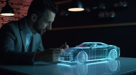 A business man touching a model of modern automobile car on a tabletop. Generative AI AIG21.の素材