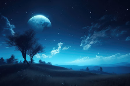 Beautiful celestial sky in dreamy fantasy with bright star in the sky over nature landscapeの素材